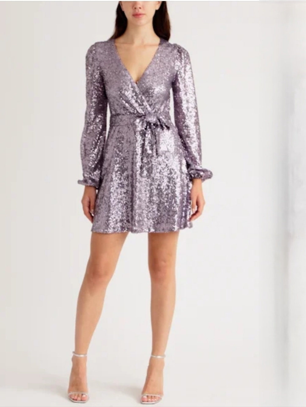 Honey & Rosie Sequin Wrap Mini Dress in Lavender